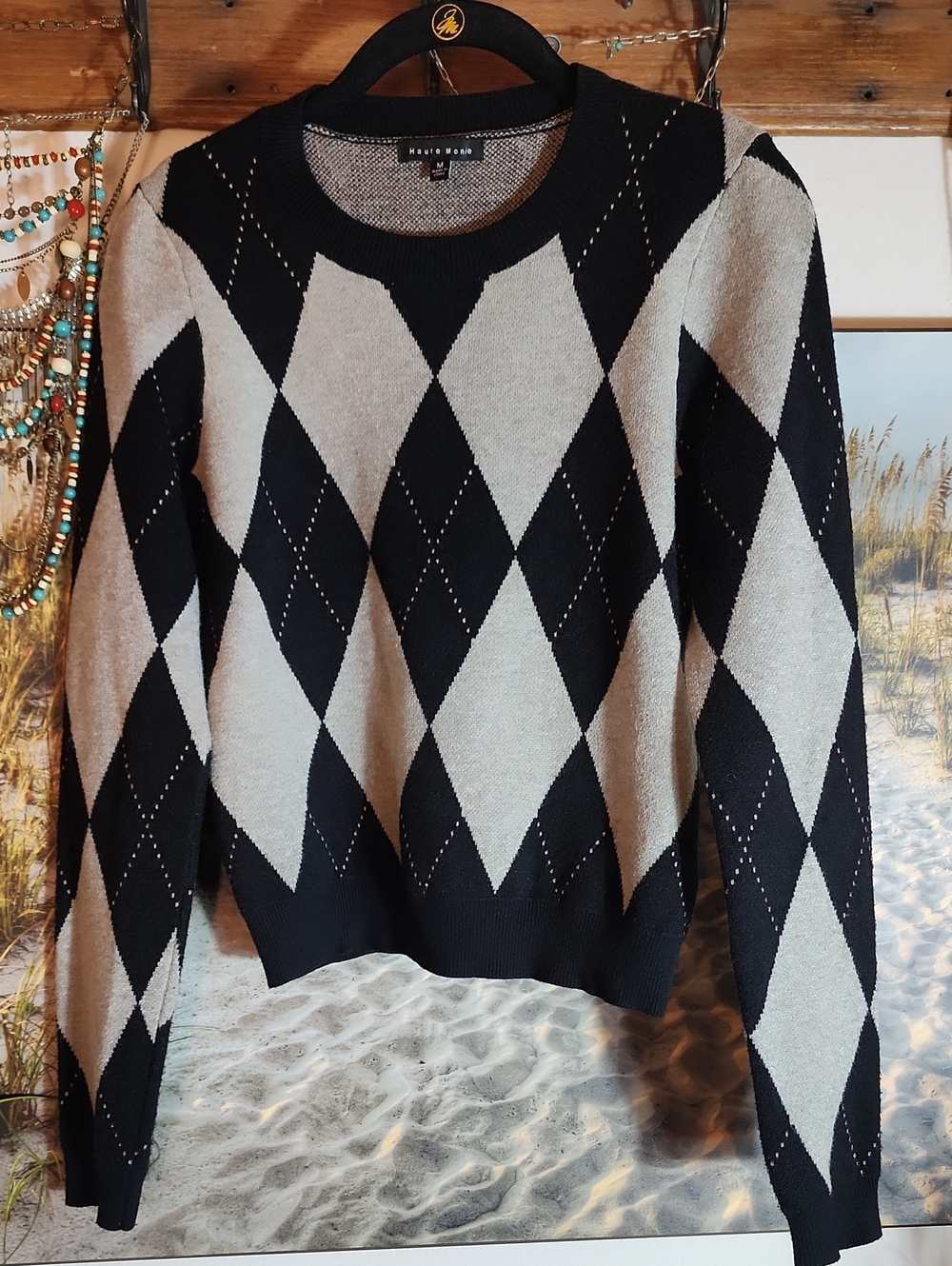 Haute Monde Black and Gray Argyle Crew Sweater